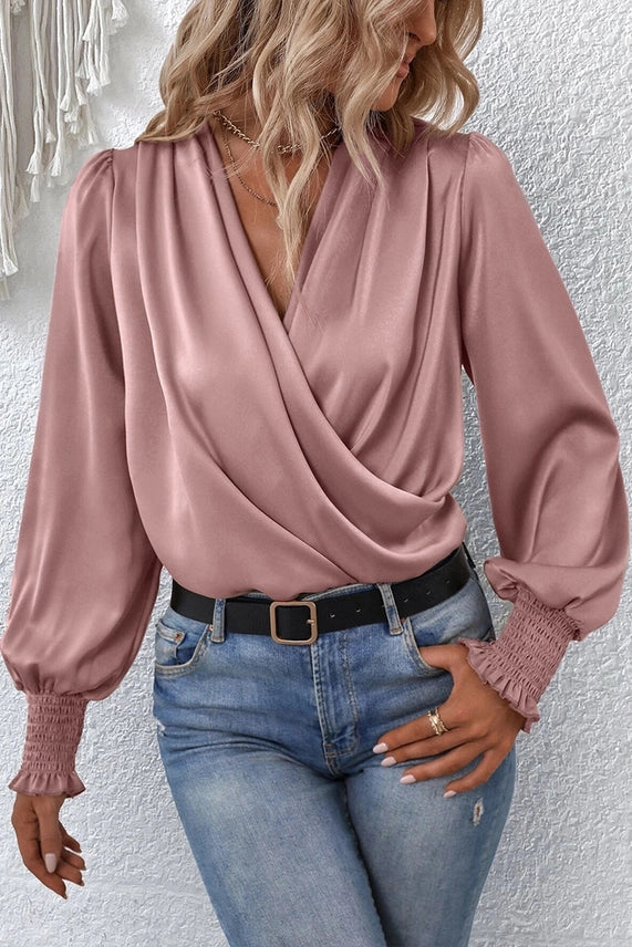 Cross Wrap Ribbed Sleeve Blouse | Pink