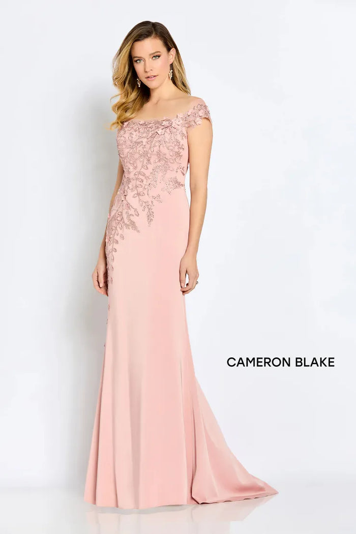 Cameron Blake CB102 Lace Applique Off Shoulder Gown