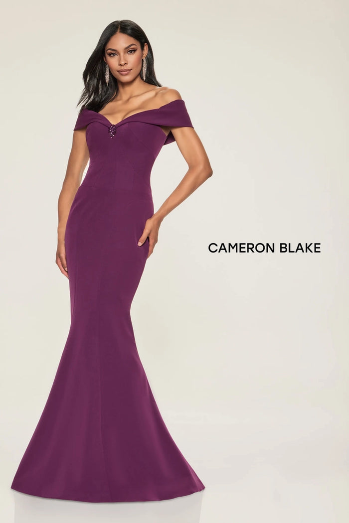 Cameron Blake CB212 Off the Shoulder Mermaid Crepe Gown | Mink, Aubergine