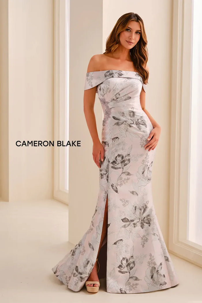 Cameron Blake CB441 Floral Jacquard Off the Shoulder Gown