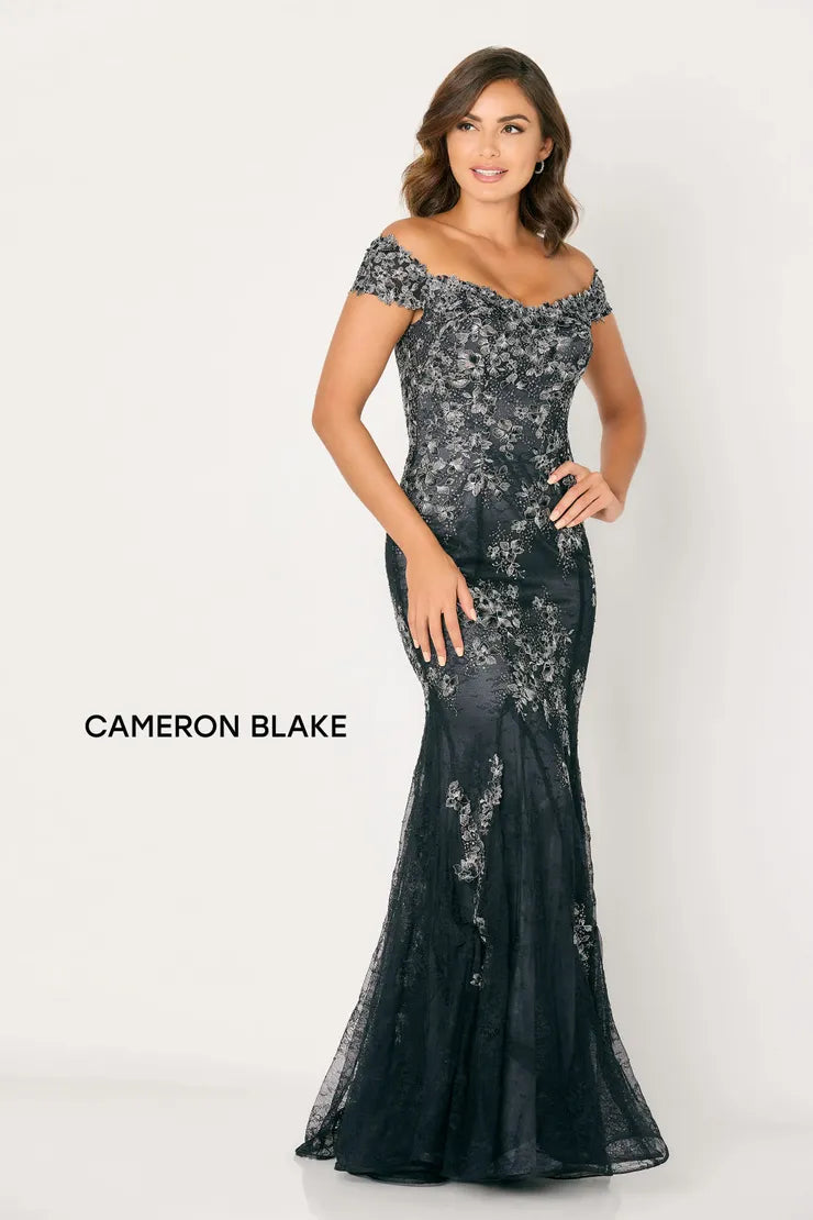 Cameron Blake CB792 Off the Shoulder Floral Lace Applique Gown