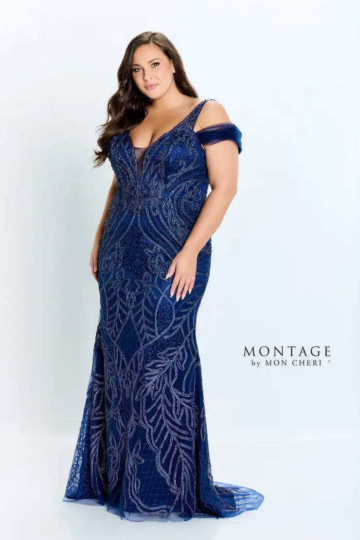 Montage 122904 V Neck Fit and Flare 2 Way Strap Soutache Gown