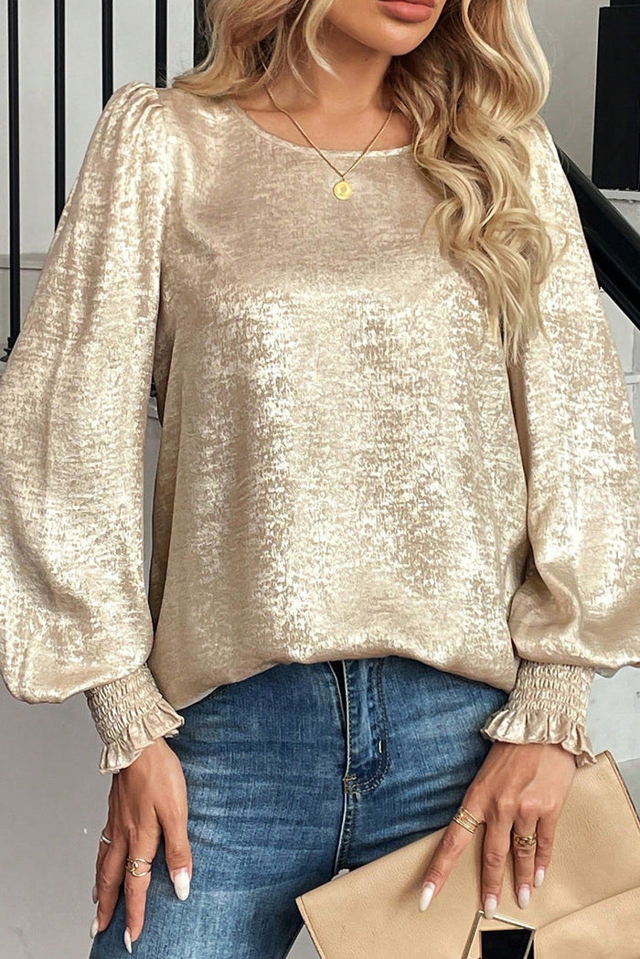 Metallic Shimmer Long-Sleeve Blouse | Apricot