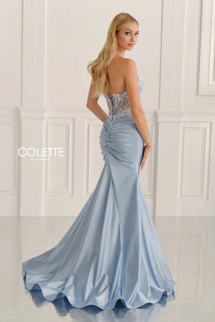 Colette CL6105 Satin Gown with Corset & Applique