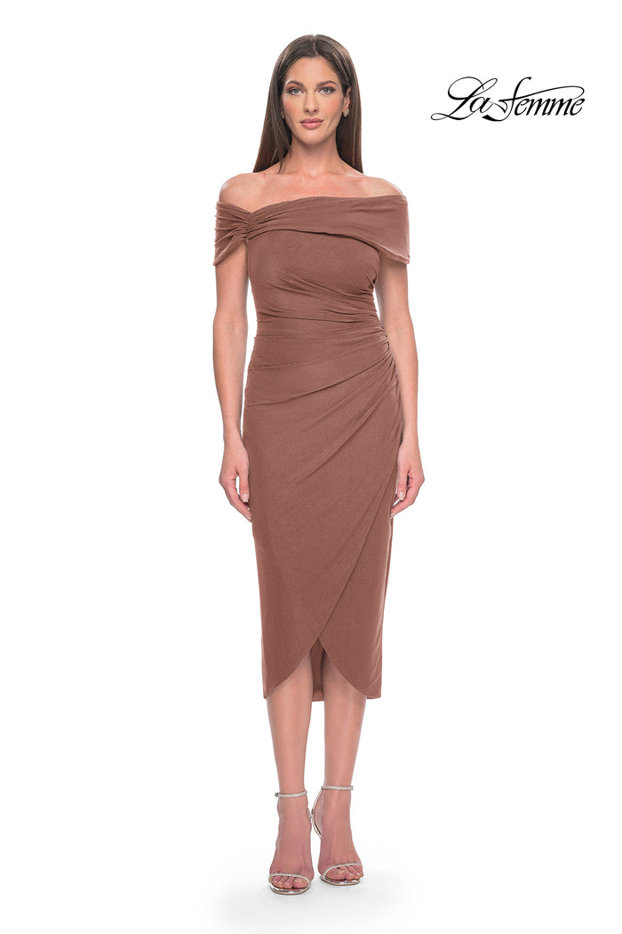 La Femme 30109 Off Shoulder Mesh Knee Length Dress