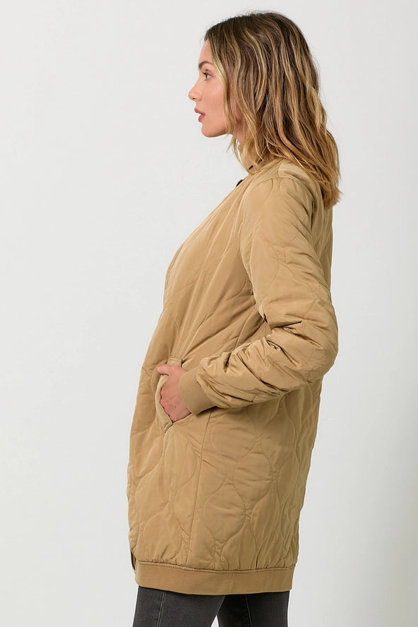 Quilted Long Bomber Jacket | Latte