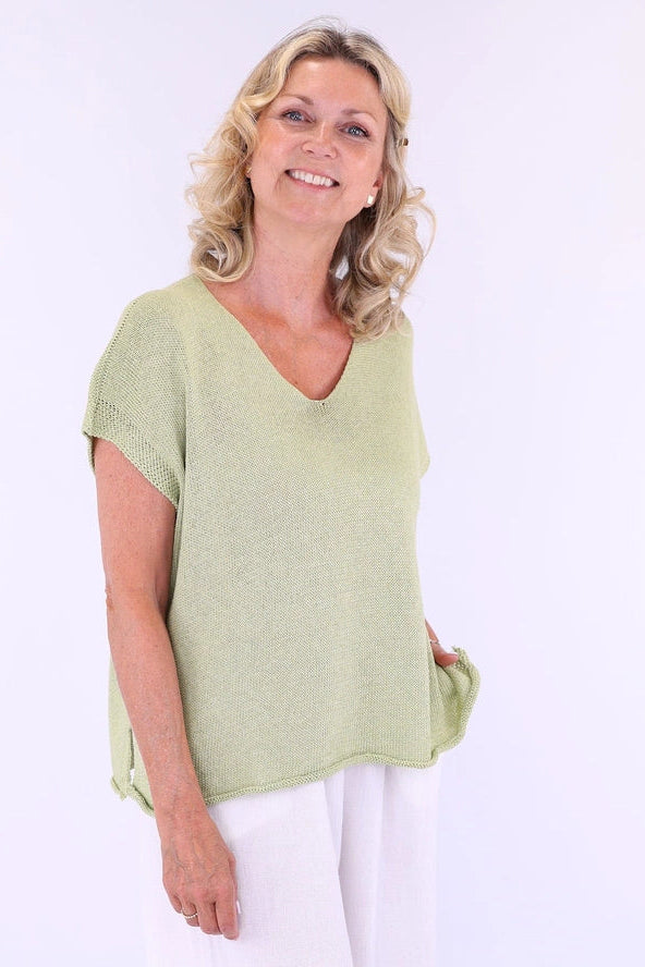 Cotton Blend Cap Sleeve Tee | Summer Green, White
