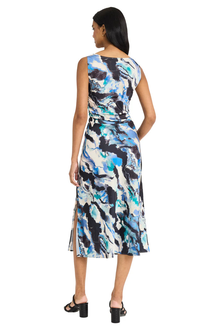 Sleeveless Watercolor Draped Satin Dress | Cream/Navy