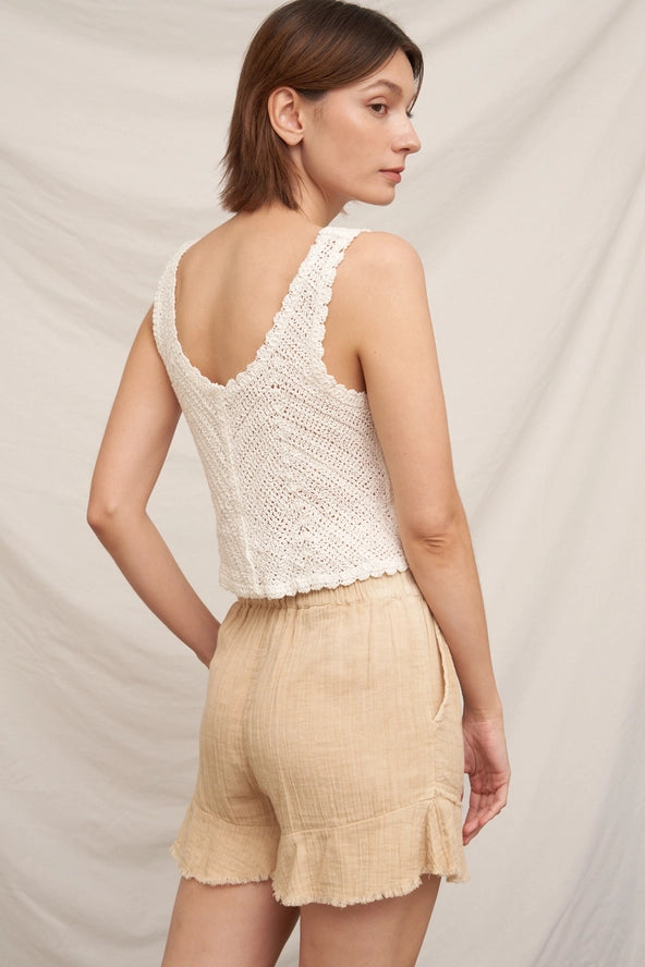 Sleeveless Crochet Top with Button | White