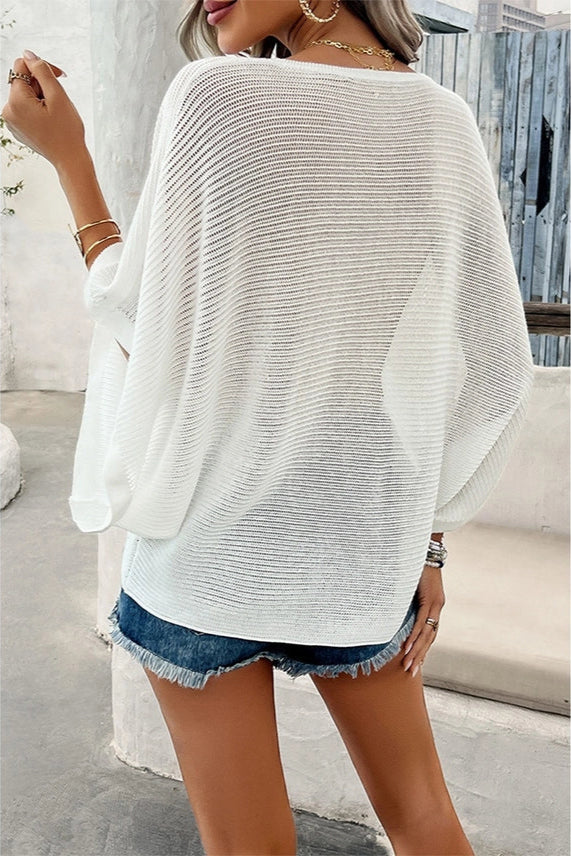 Solid V-Neck Knit Batwing Sleeve Top | Beige, White