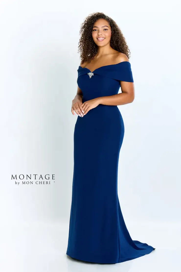 Montage 120905 Off-The-Shoulder Crepe Fit and Flare Gown