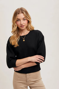 Puffed 3/4 Sleeved Knit Sweater Top | Black