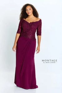Montage 220942 Off The Shoulder Lace Chiffon Gown With 3/4 Sleeve