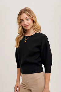 Puffed 3/4 Sleeved Knit Sweater Top | Black