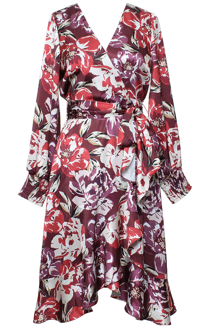 PRINTED MIDI SURPLICE DRESS W RUFFLE HEM