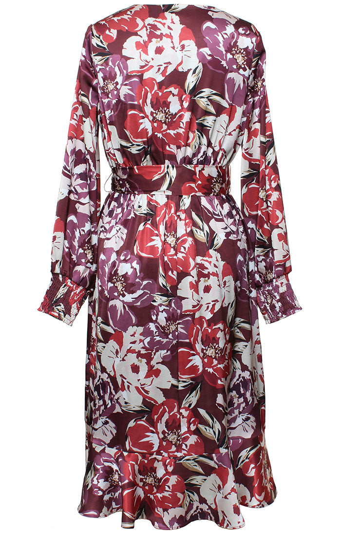 PRINTED MIDI SURPLICE DRESS W RUFFLE HEM