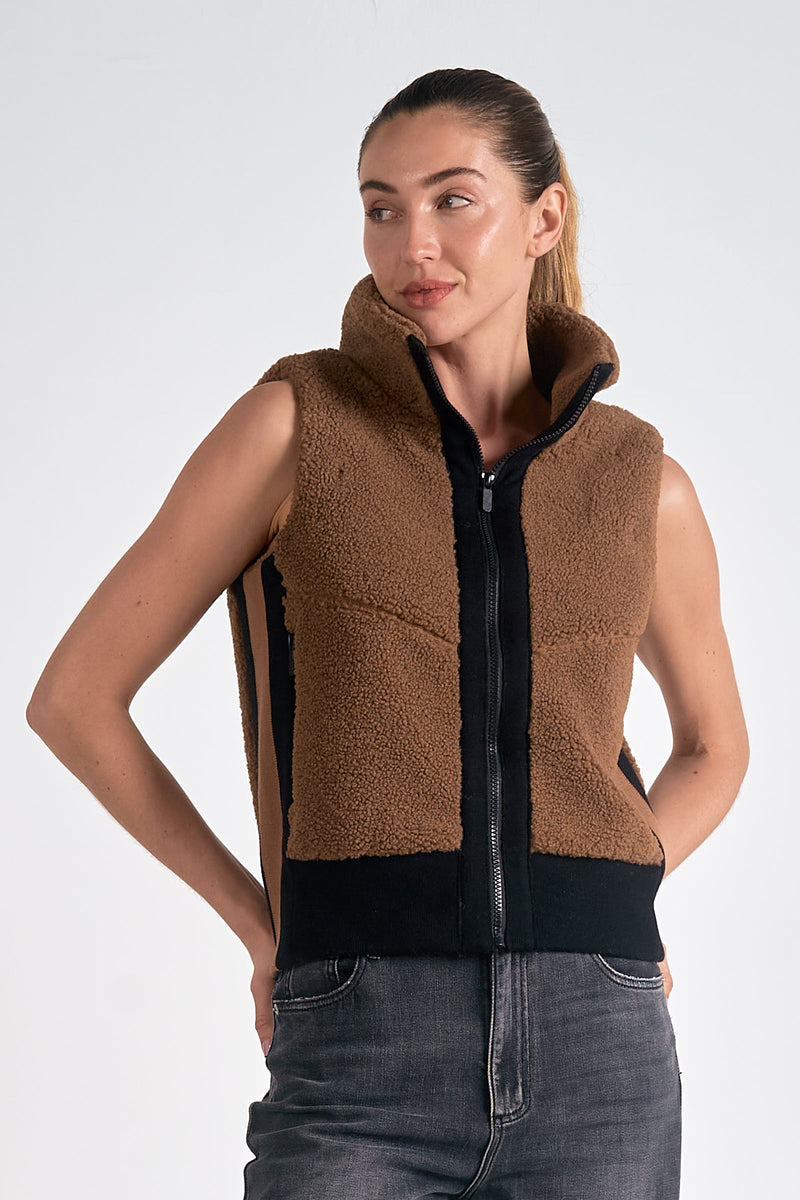 Fuzzy Fleece Panel Vest | Dark Tan