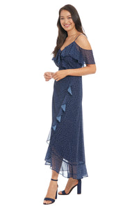 Cold Shoulder Ruffle Maxi Dress | Navy/White