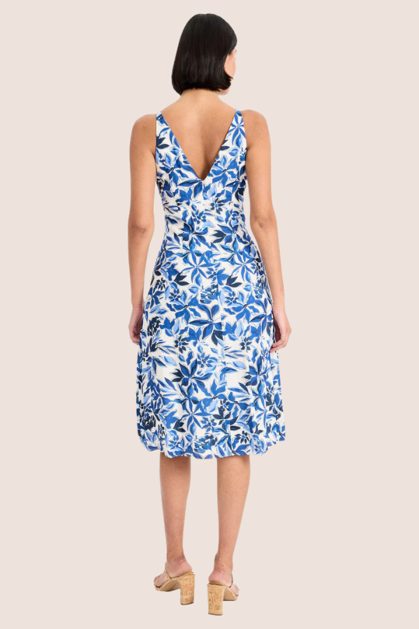 V-Neck Print Dress | Cream/Navy