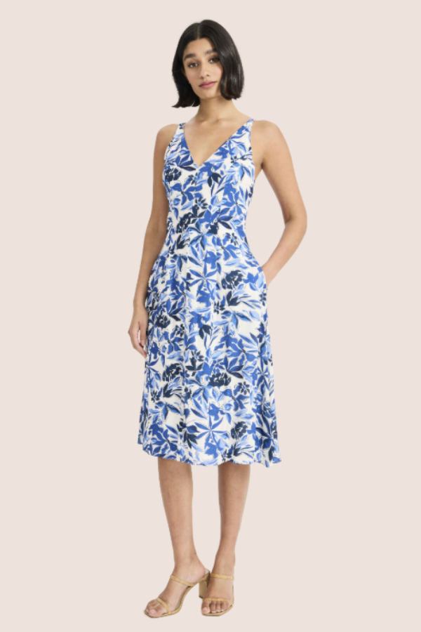 V-Neck Print Dress | Cream/Navy