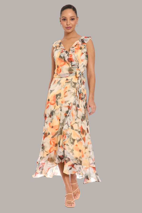 Side Tie Ruffle Wrap Dress | Apricot/Grey