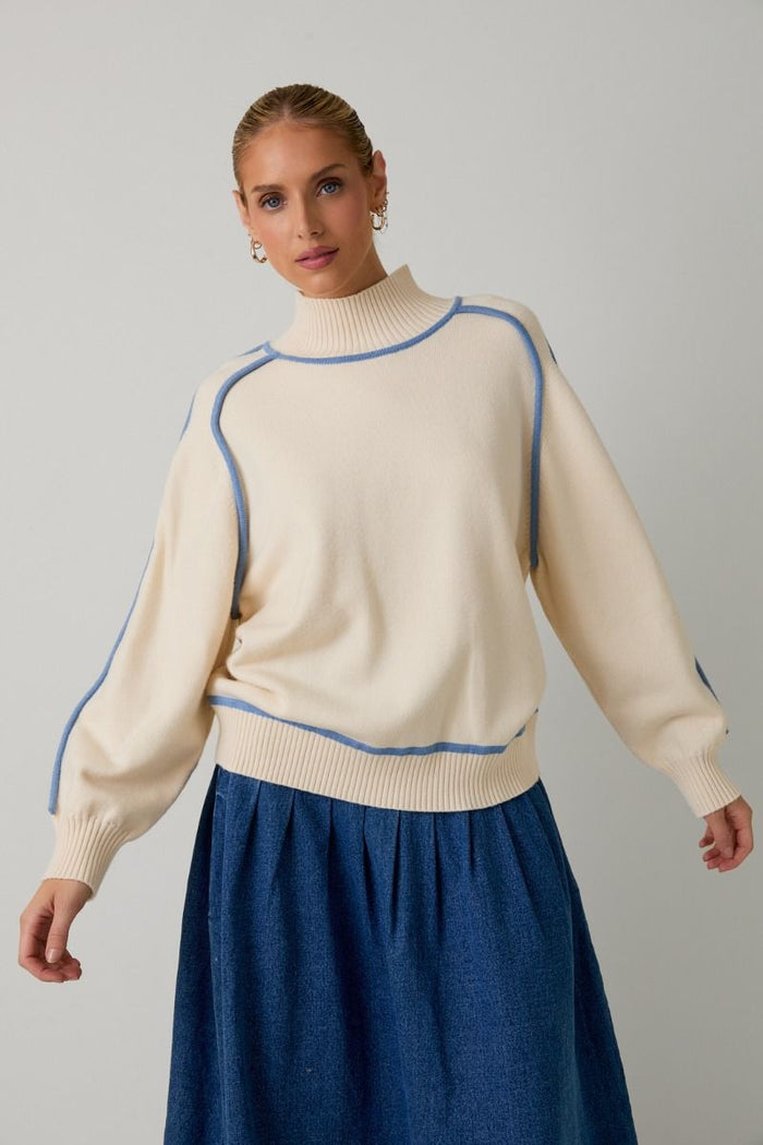 Stitch Detail Sweater | Cream/Blue, Brown/Cream