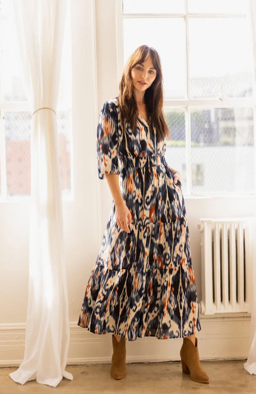 Tiered Woven A-Line Maxi Dress | Ikat Print