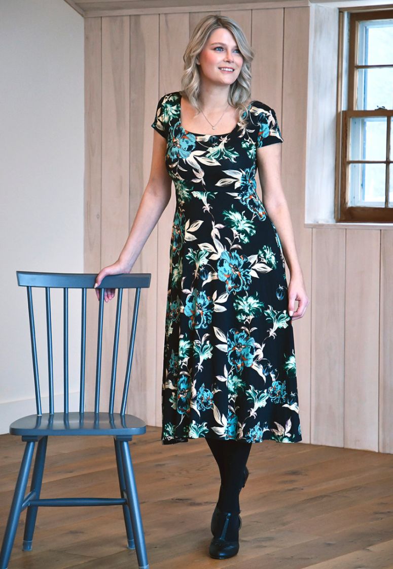 Brigitte Short Sleeve Dress | Black/Aqua Floral, Green Mosaic