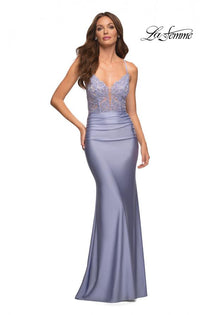 La Femme 30466 V Neck Embellished Lace Top Gown