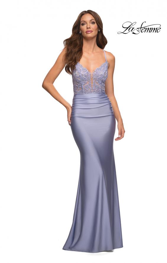 La Femme 30466 V-Neck Laced Embellished Gown With Lace Up Back