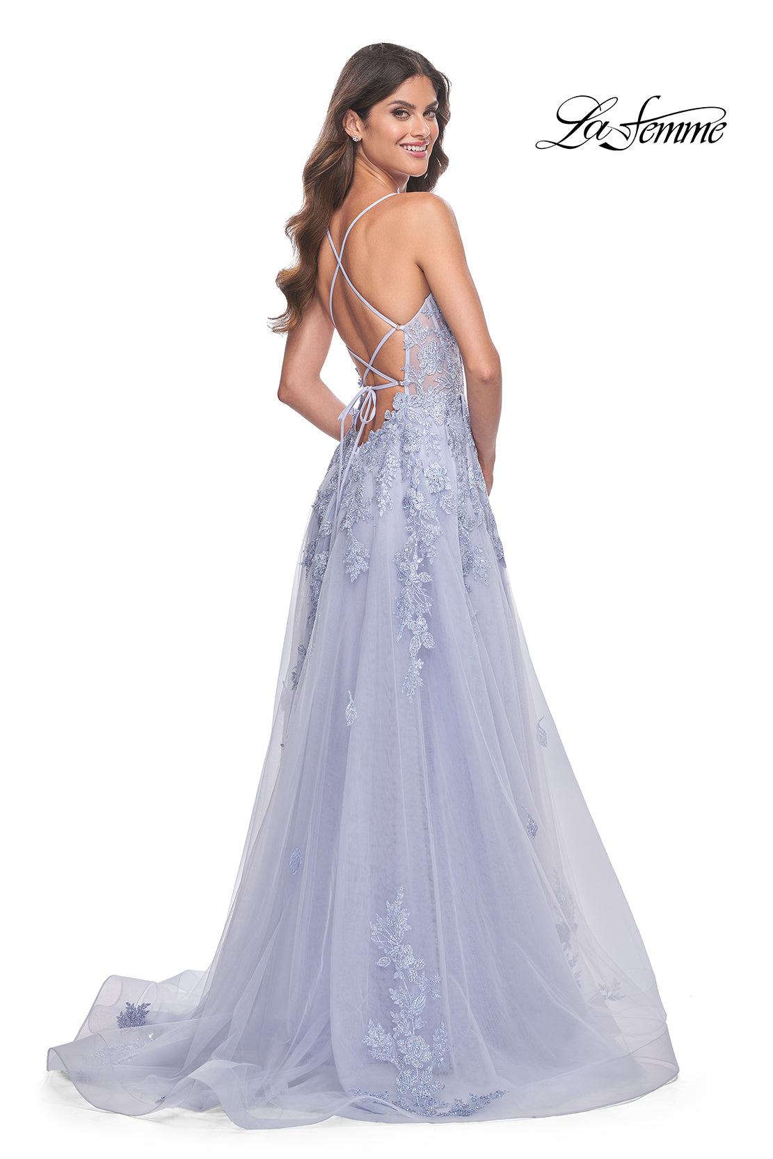La Femme 32062 Applique Strap Dress with Tulle