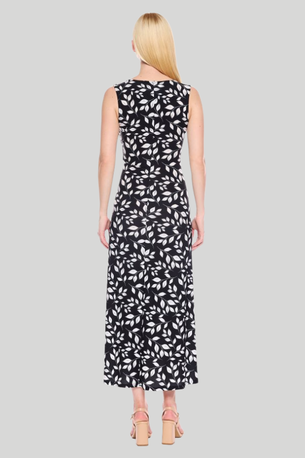 Rouched Maxi Dress with Slit | Black/White Leaf