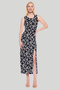 Rouched Maxi Dress with Slit | Black/White Leaf