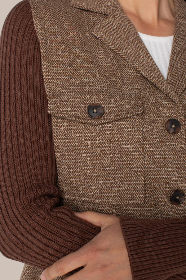 Shacket with Sweater Sleeves | Brown Herringbone