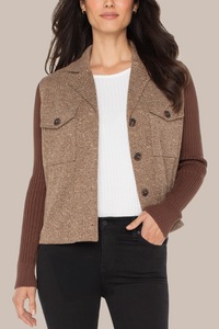 Shacket with Sweater Sleeves | Brown Herringbone