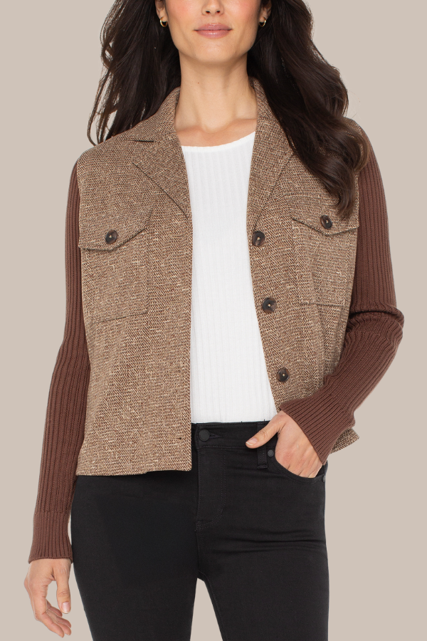 Shacket with Sweater Sleeves | Brown Herringbone