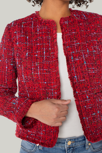 Collarless Jacket with Frayed Edges | Red Multi Boucle