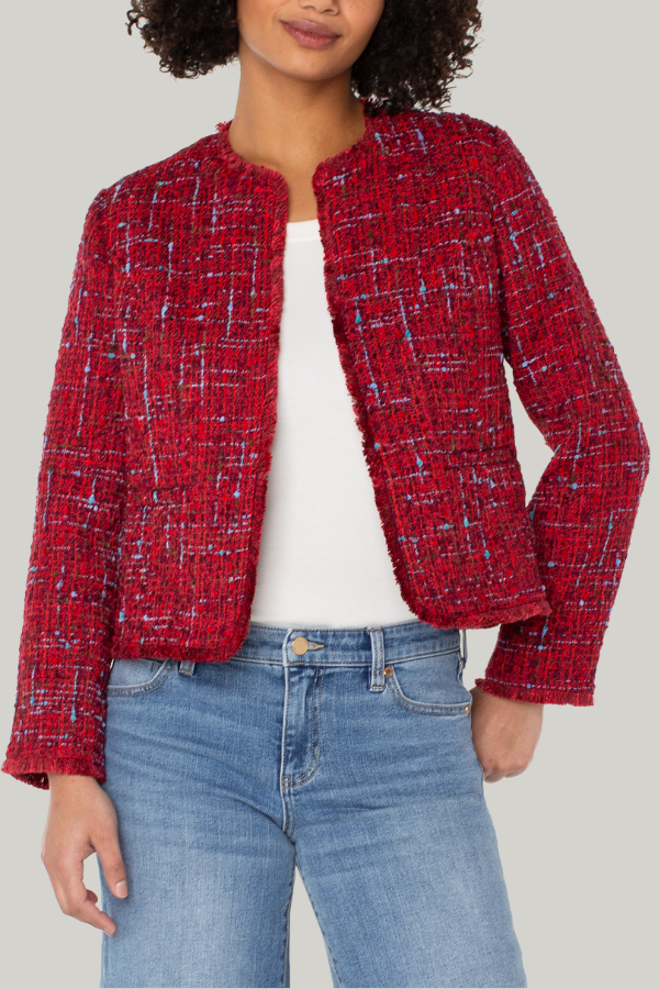 Collarless Jacket with Frayed Edges | Red Multi Boucle