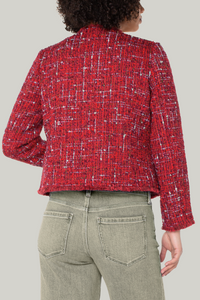 Collarless Jacket with Frayed Edges | Red Multi Boucle