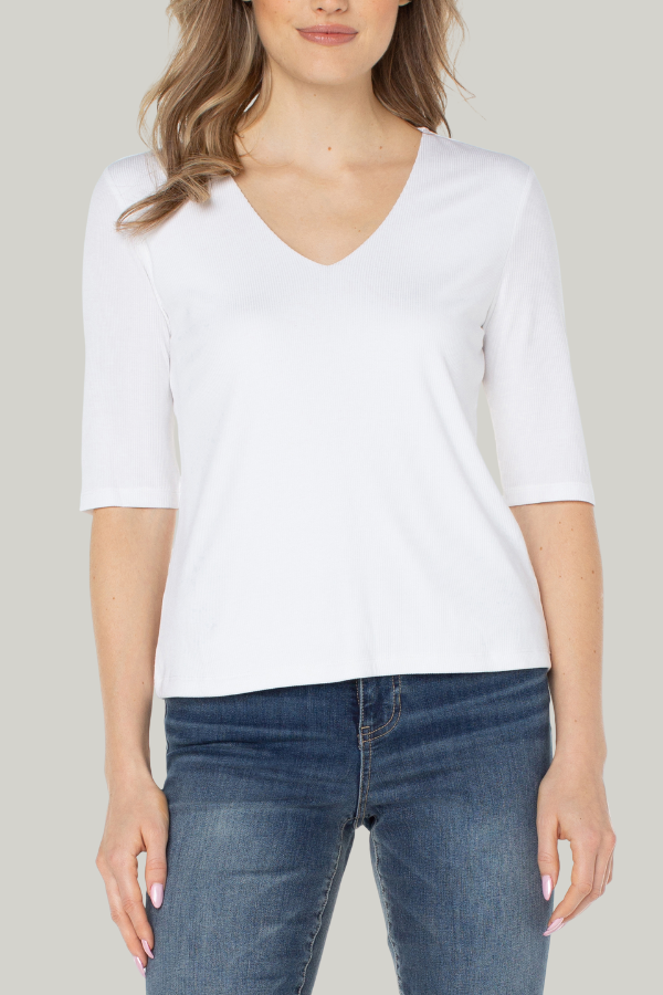 Double Layer V-Neck Rib Knit Top | Cream, Black
