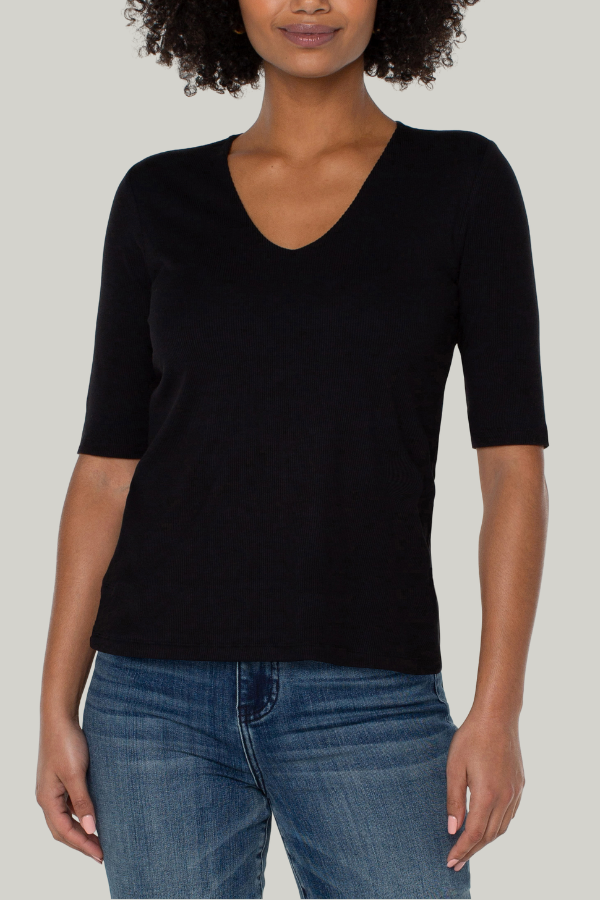 Double Layer V-Neck Rib Knit Top | Cream, Black