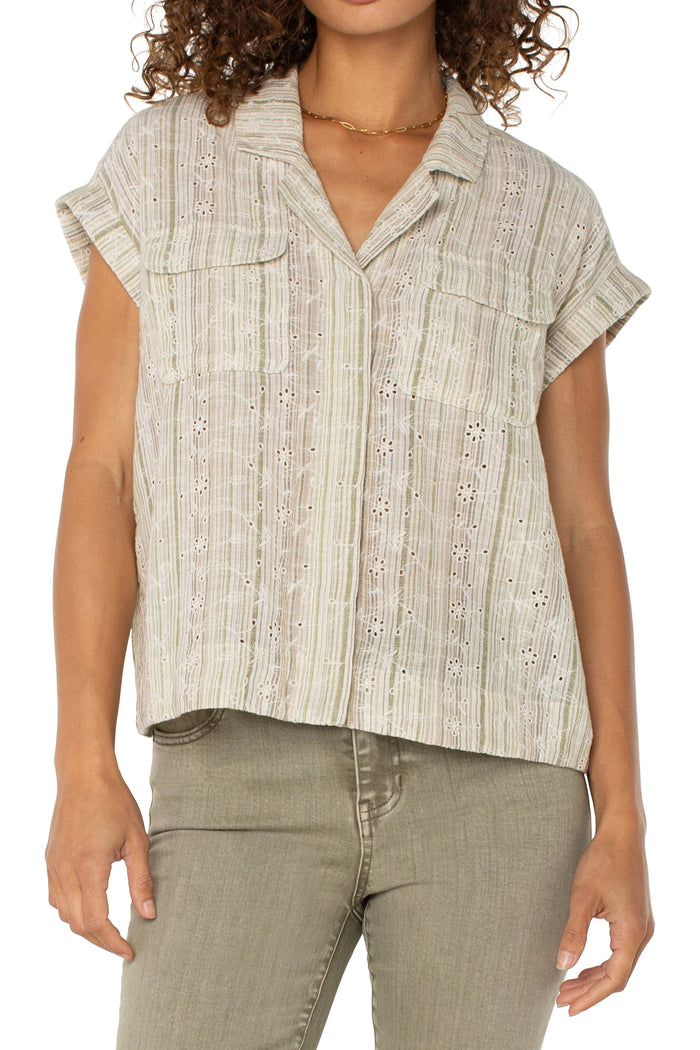 Dolman Camp Shirt w/ Hidden Placket | Green/Tan Stripe