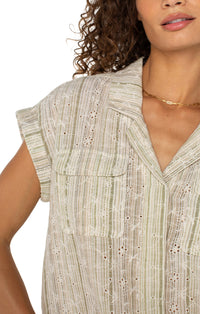 Dolman Camp Shirt w/ Hidden Placket | Green/Tan Stripe