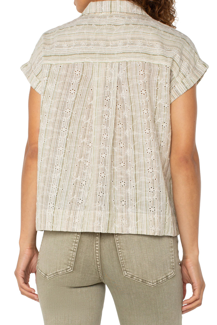 Dolman Camp Shirt w/ Hidden Placket | Green/Tan Stripe