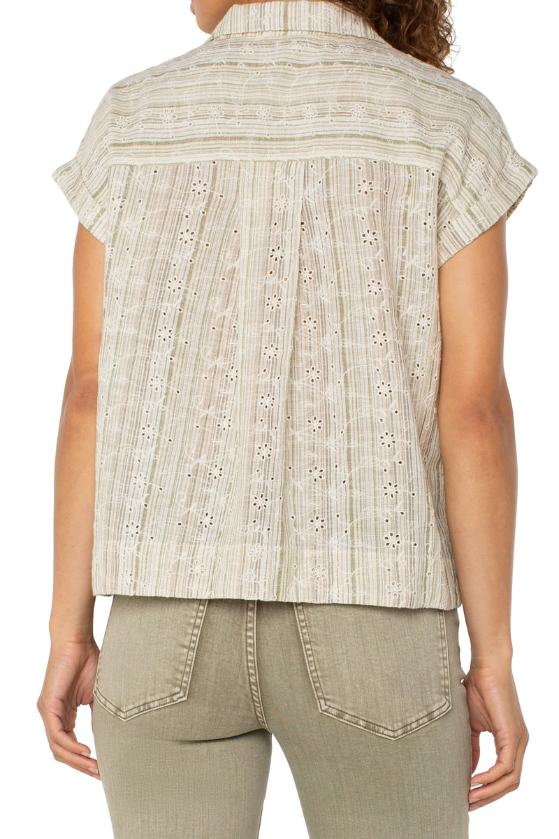 Dolman Camp Shirt w/ Hidden Placket | Green/Tan Stripe