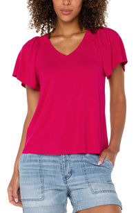 Flutter Sleeve Knit Top | Black, Cerise