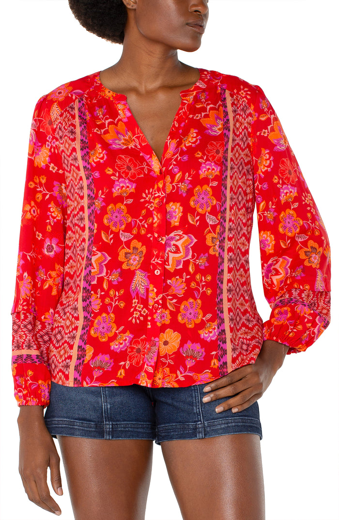 Button Front Shirred Blouse | Red/Orange Floral