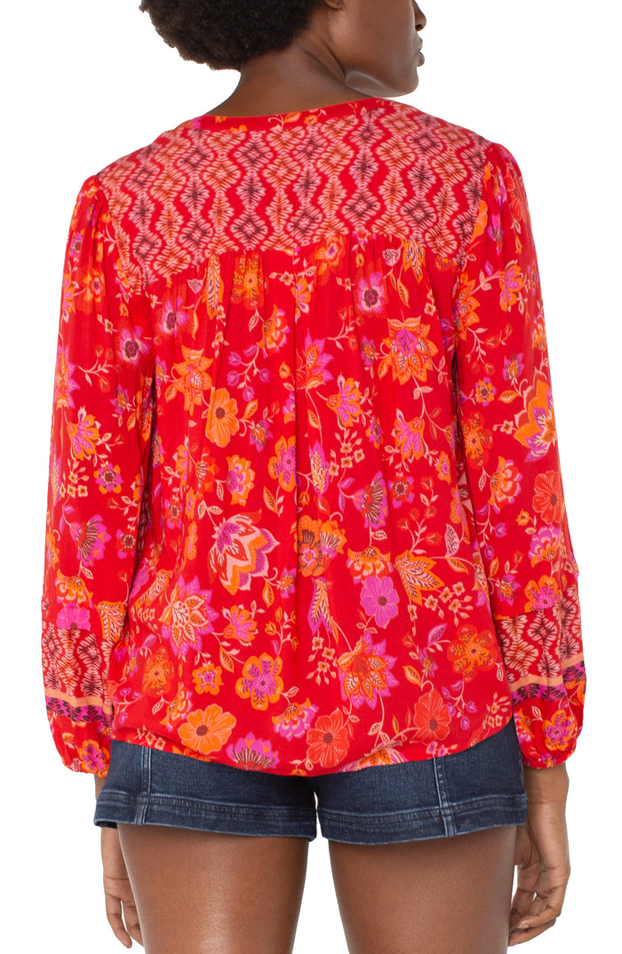 Button Front Shirred Blouse | Red/Orange Floral