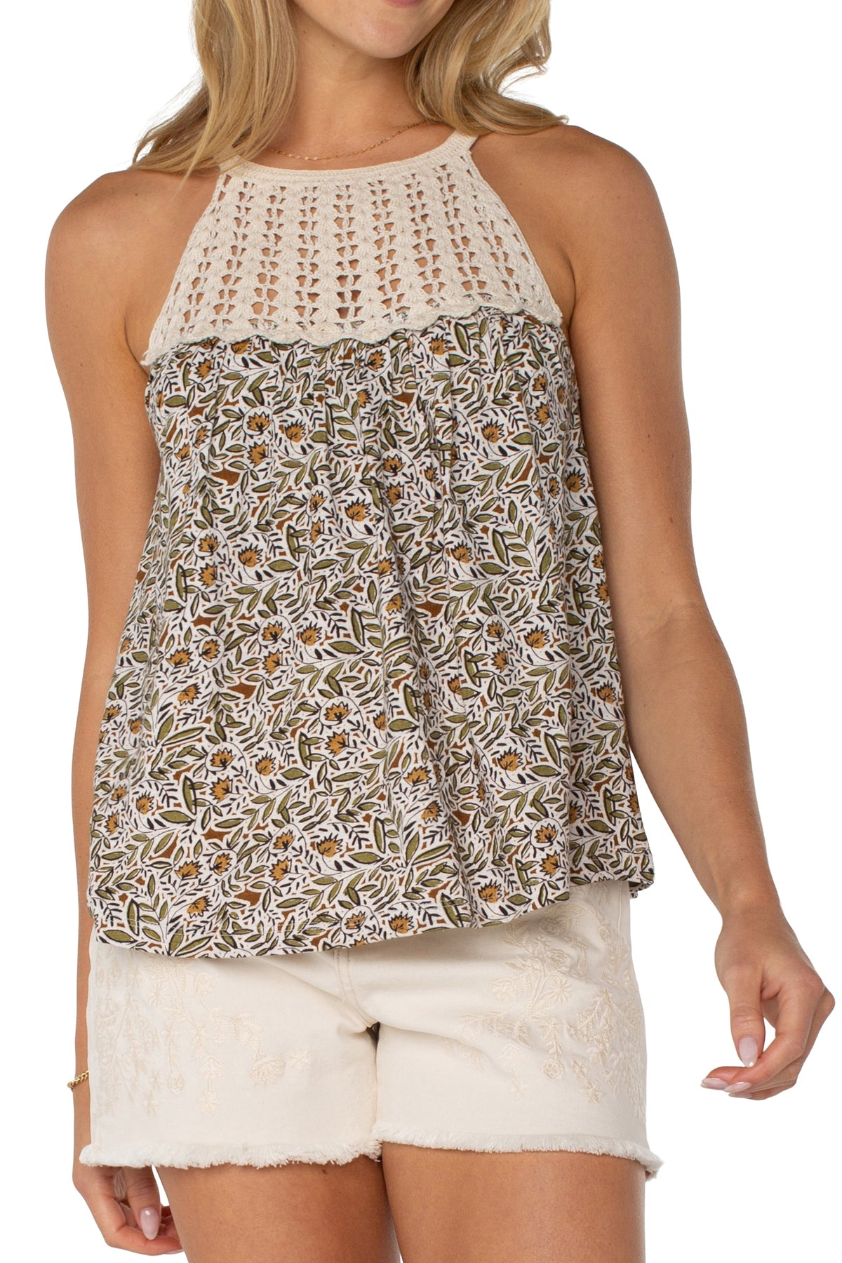 Sleeveless Woven Halter w/ Crochet | Olive Leaf/Cream
