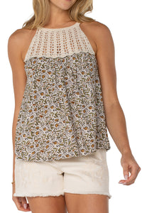 Sleeveless Woven Halter w/ Crochet | Olive Leaf/Cream